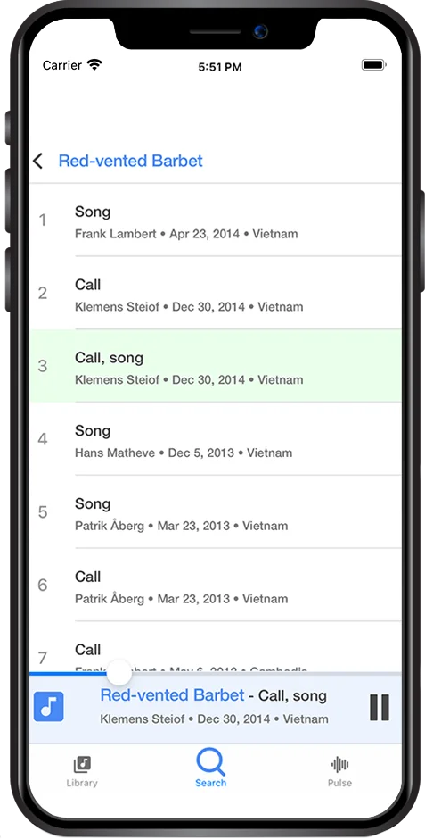 Bird Calls & Songs on an iPhone, showing recordings of the Red-vented Barbet