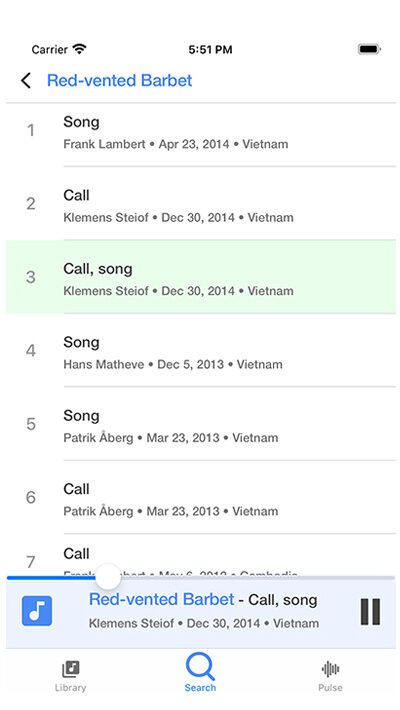 Recordings list for the Red-vented Barbet with a call playing