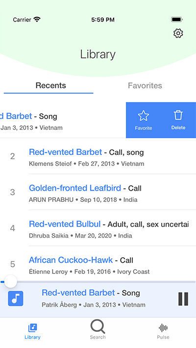 Library of recent recordings with favourite and delete actions
