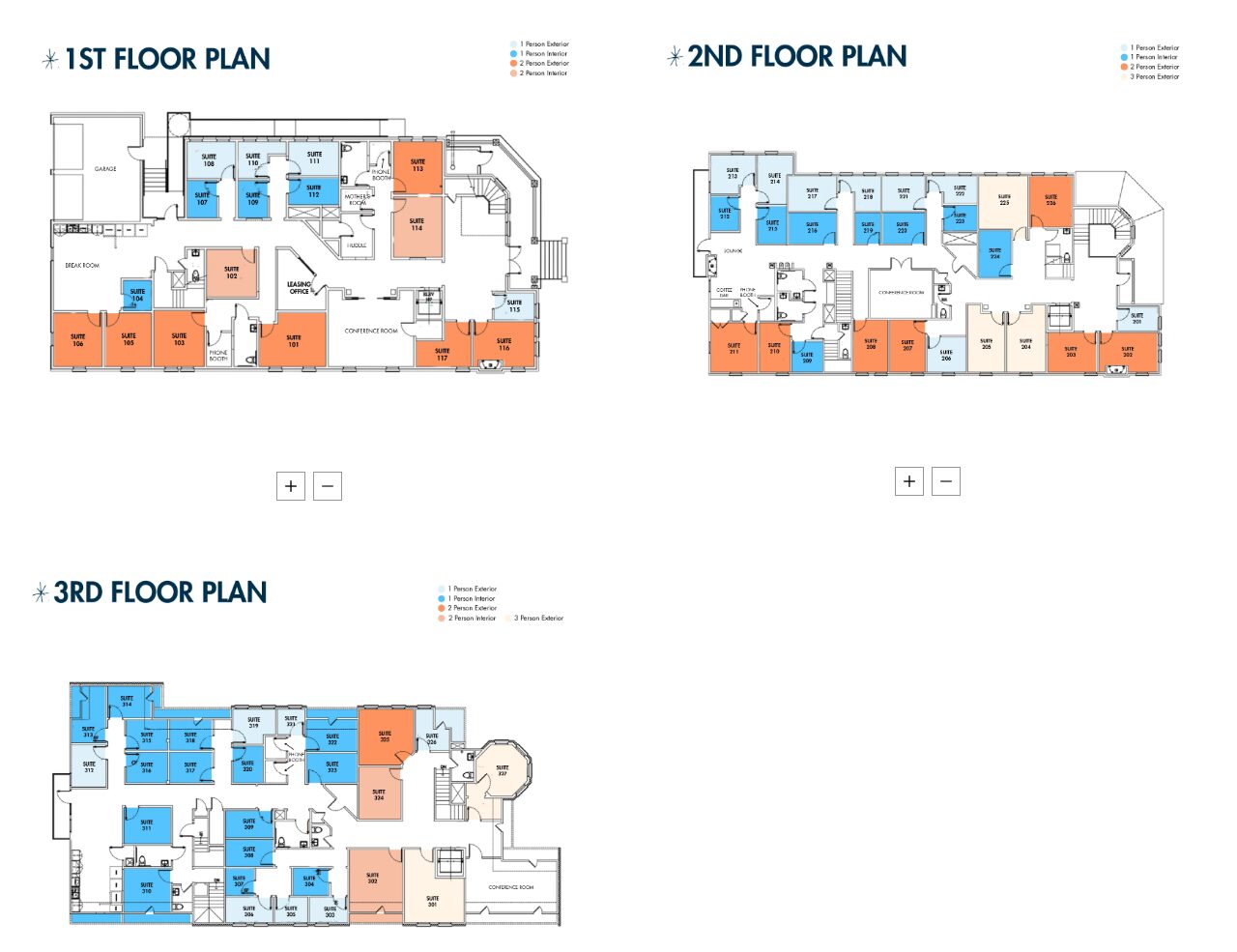 Three floor plans on a property page, each office coloured by size, with zoom controls beneath